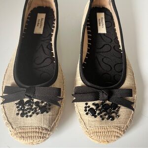 Simply Vera Vera Wang Espadrille Flats Tan Linen Black Bow Rhinestone Size 7